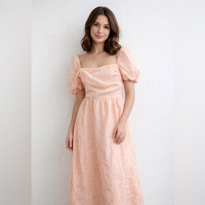 OPT Peach Puff Sleeve Midi Dress Smocked Back Size XS Romantic Fairy Modest